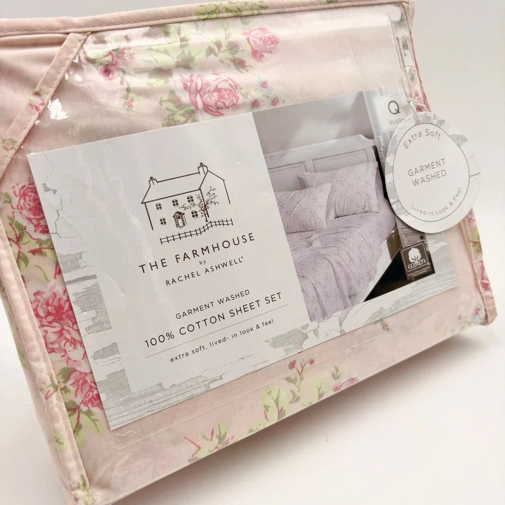 The Farmhouse by Rachel Ashwell Queen Cotton Sheet Set Pink Floral Cabbage Rose